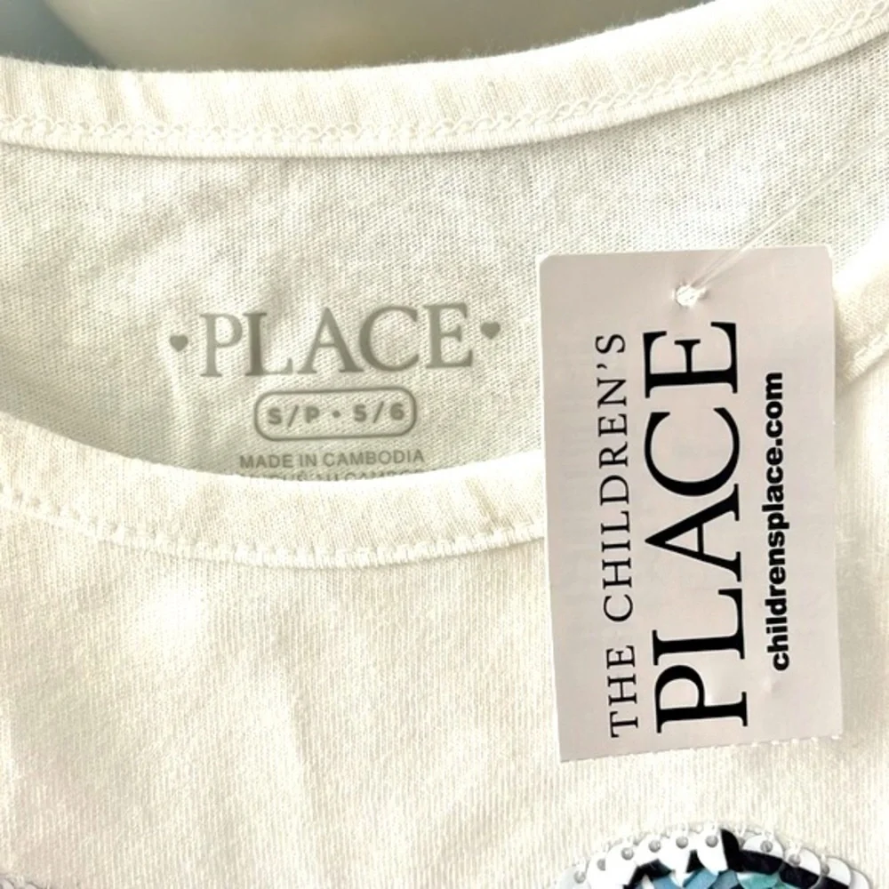 Brand New The Children’s Place White Short Sleeve Top Flip Sequins Floral Tiger